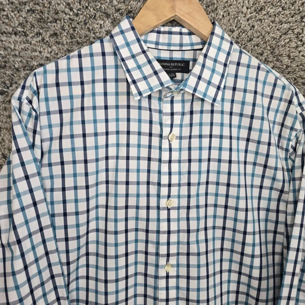 Banana Republic Dress Shirt Mens Large 16-16.5 34/35 Blue Plaid Button Up Casual